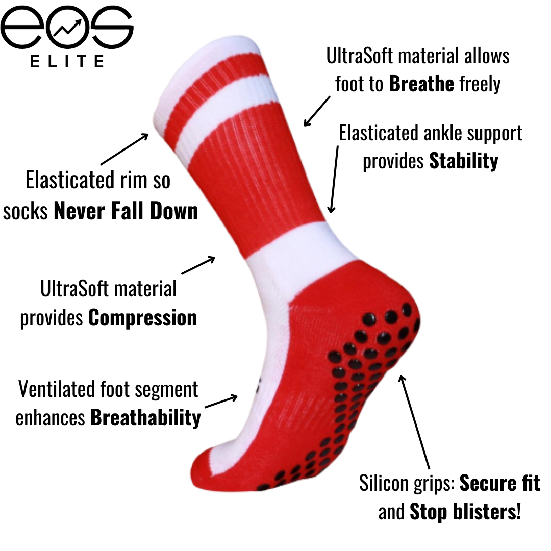 The Eos Ultrasoft Grip Sock in red and white is photographed with attributes highlighted around it including elasticated rim so socks never fall down, ultrasoft material provides compression, ventilated food segment enhances breathability and silicon grips secure fit and stops blisters