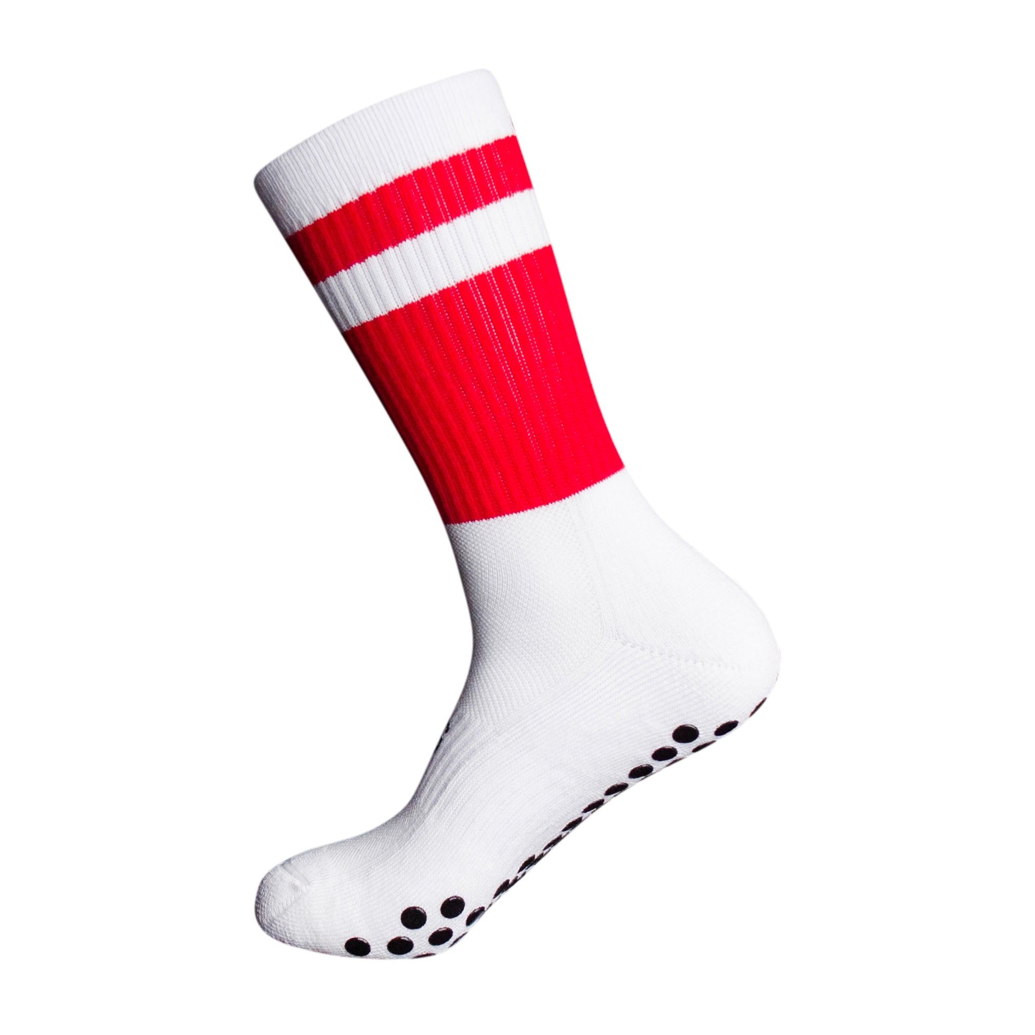 A side profile of the red and white Ultrasoft grip sock from Eos Elite that shows the silicon grips that secure fit and stops blisters and breathable material