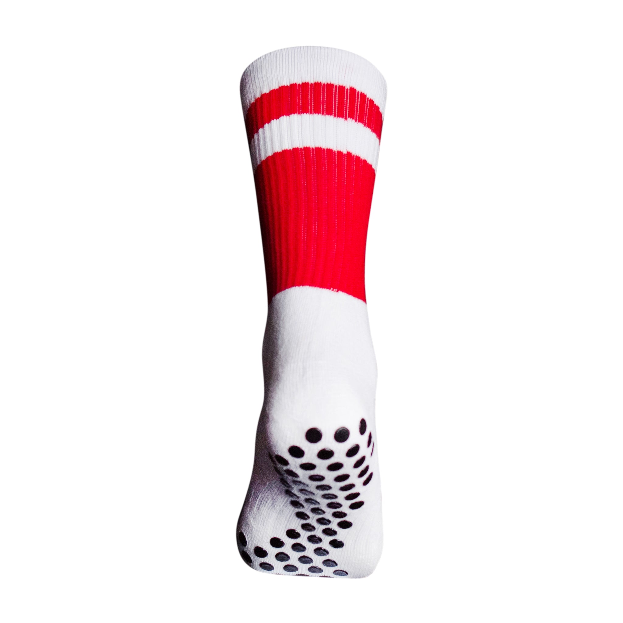 A back angle of the red and white Ultrasoft grip sock from Eos Elite that shows the silicon grips that secure fit and stops blisters and breathable material