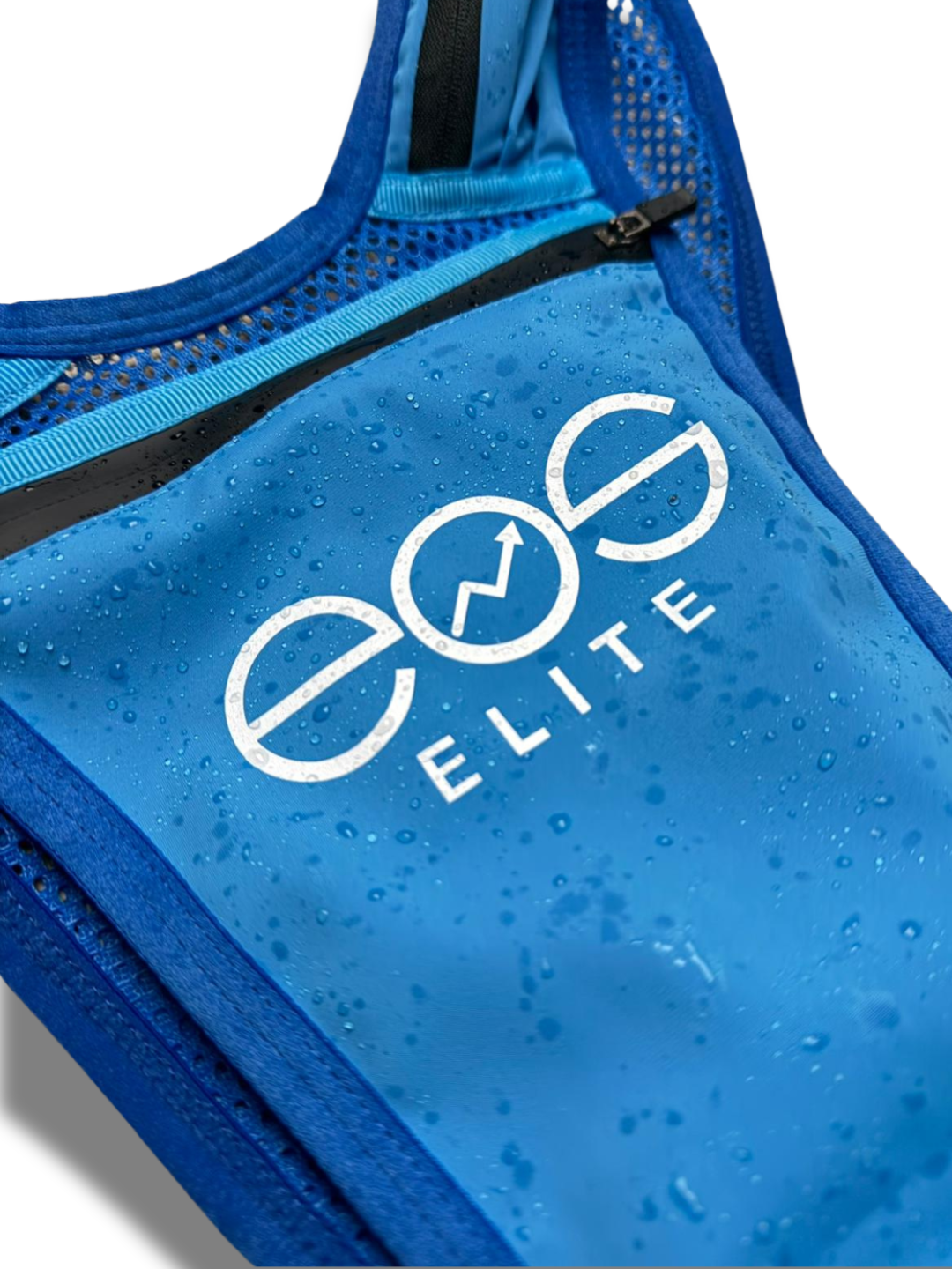 A close up product image of the blue, waterproof, RainGuard running vest with droplets of water visible. The large front phone pocket and breathable material are clearly visible