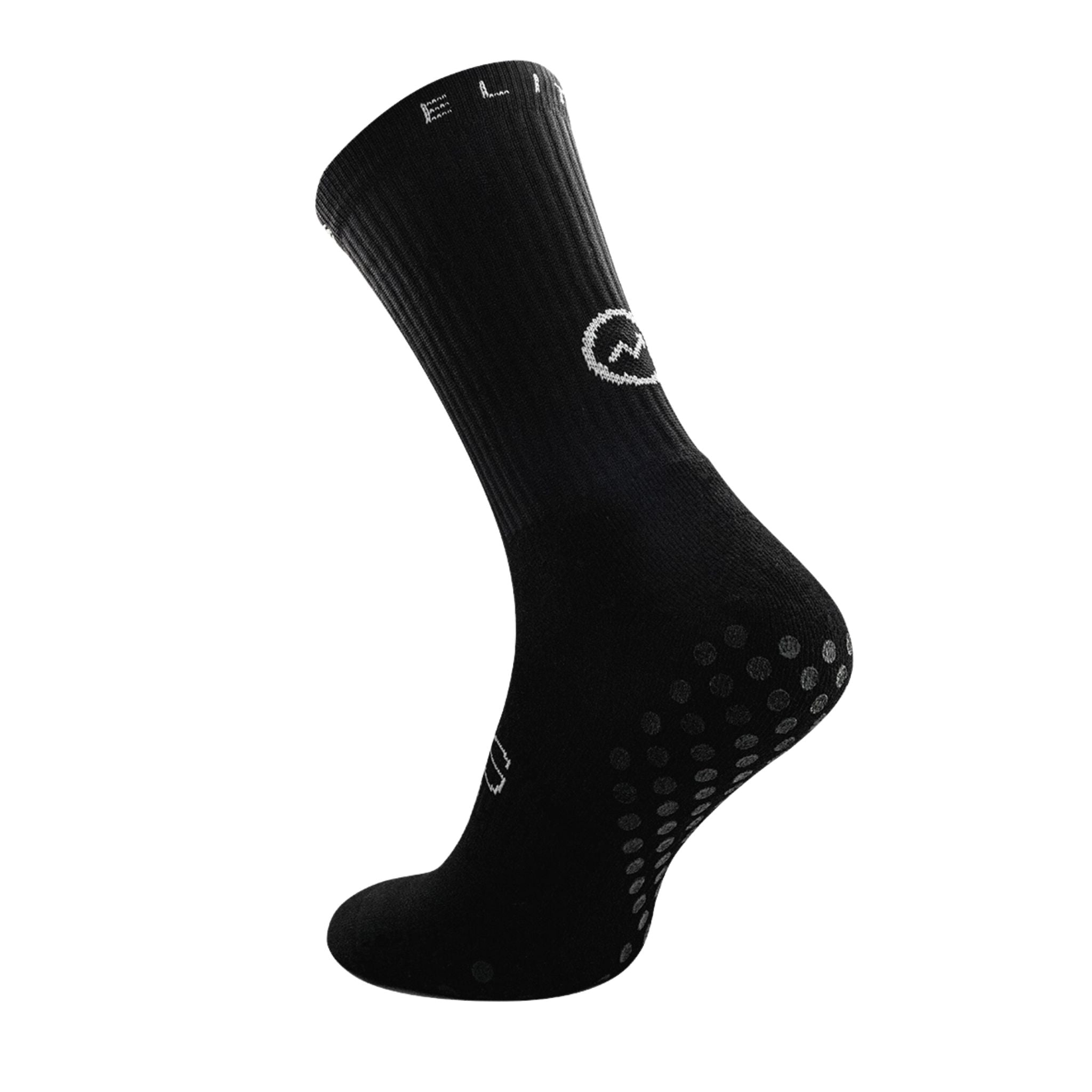 A side profile of the black Eos 1 Ultrasoft grip sock from Eos Elite that shows the silicon grips that secure fit and stops blisters and breathable material