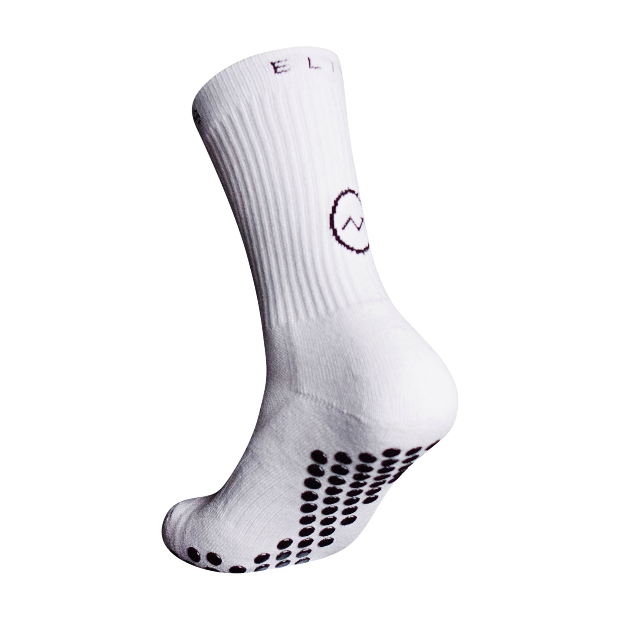 A side profile of the white Eos 1 Ultrasoft grip sock from Eos Elite that shows the silicon grips that secure fit and stops blisters and breathable material.