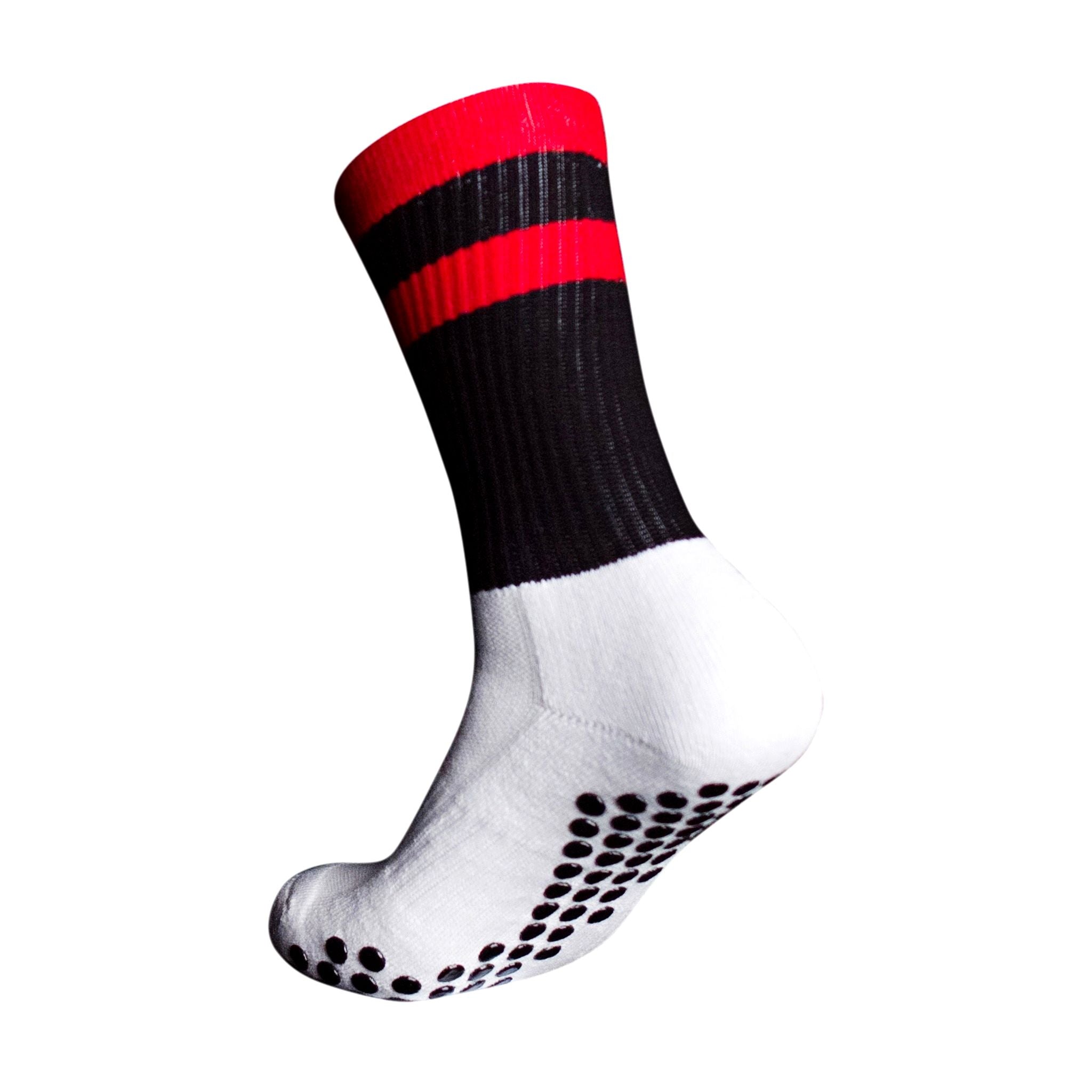 A side profile of an Eos Elite Ultrasoft grip sock in white and black with red stripe clearly shows the elasticated, breathable material and silicon grip pads on the base of the sock.