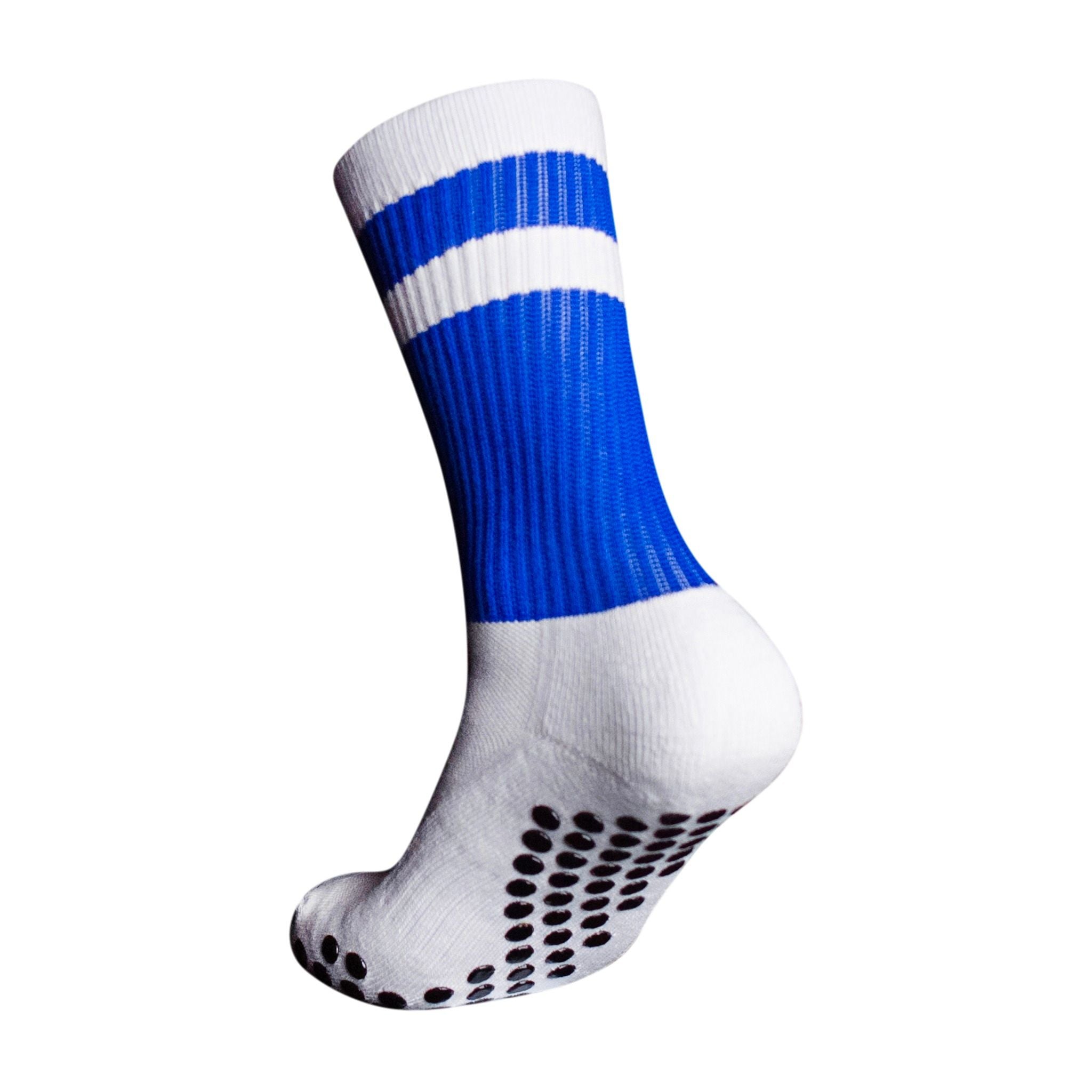 A side profile of an Eos Elite Ultrasoft grip sock in white and blue with white stripe clearly shows the elasticated, breathable material and silicon grip pads on the base of the sock.