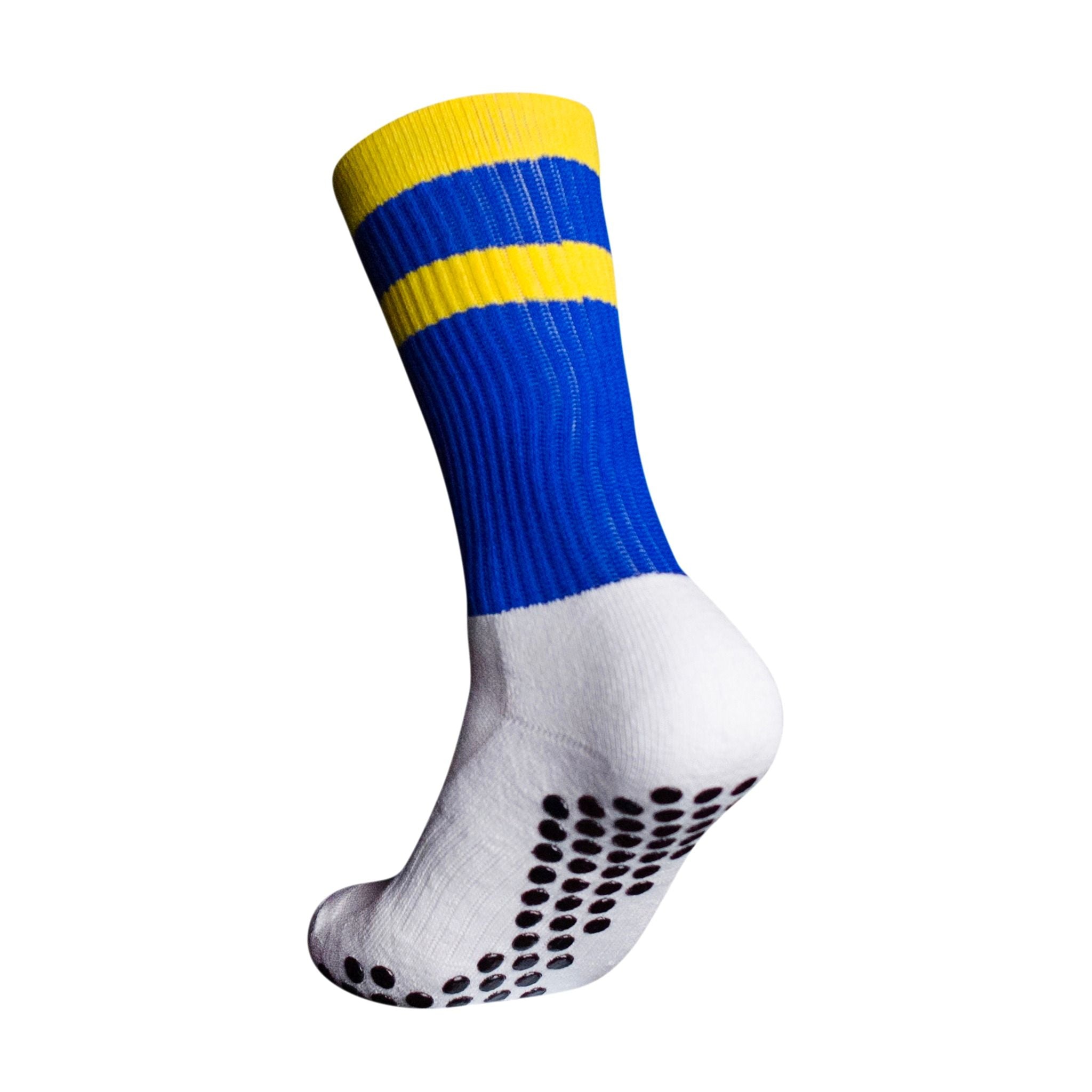 A side profile of an Eos Elite Ultrasoft grip sock in white and blue with yellow stripe clearly shows the elasticated, breathable material and silicon grip pads on the base of the sock.