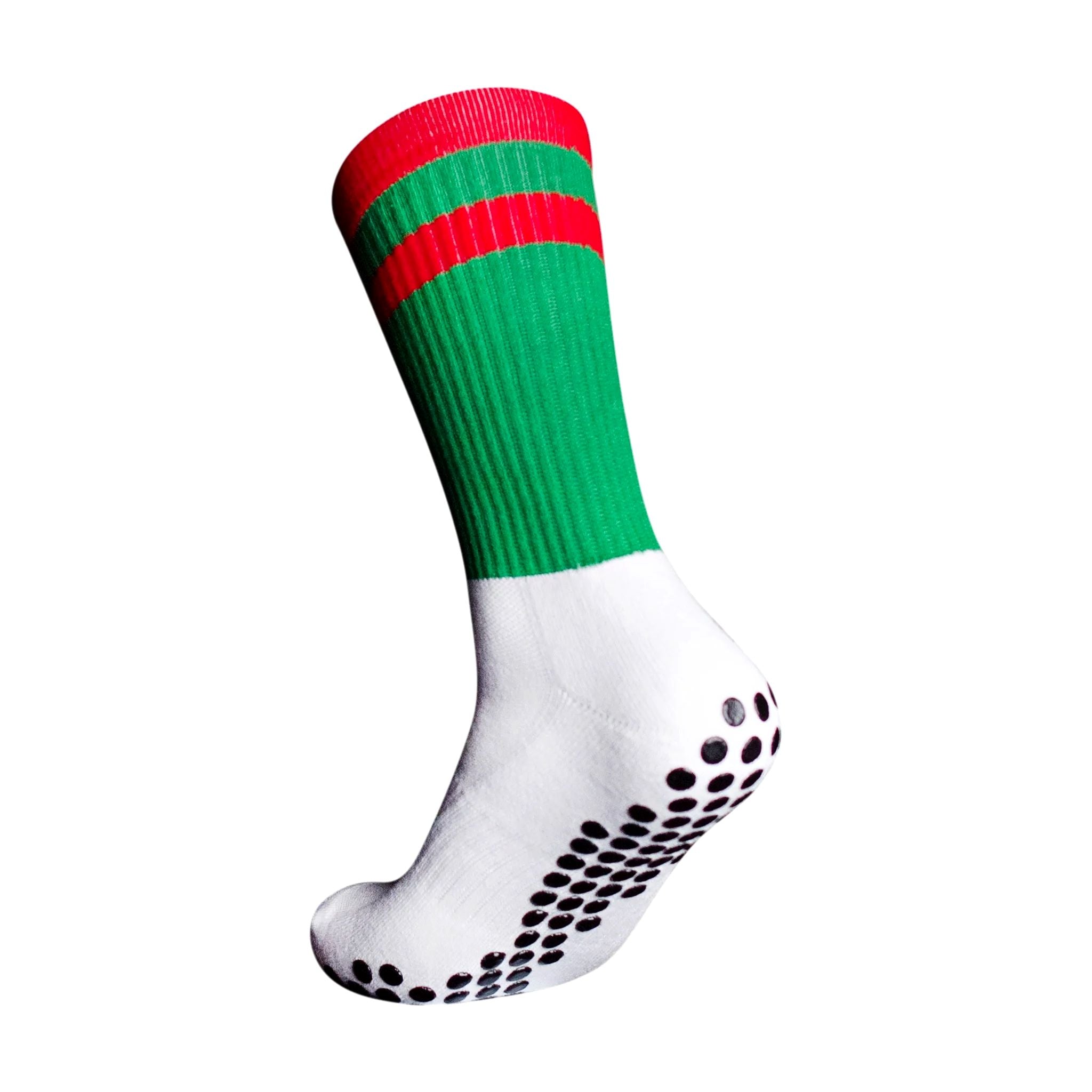 A side profile of an Eos Elite Ultrasoft grip sock in white and green with red stripe clearly shows the elasticated, breathable material and silicon grip pads on the base of the sock.