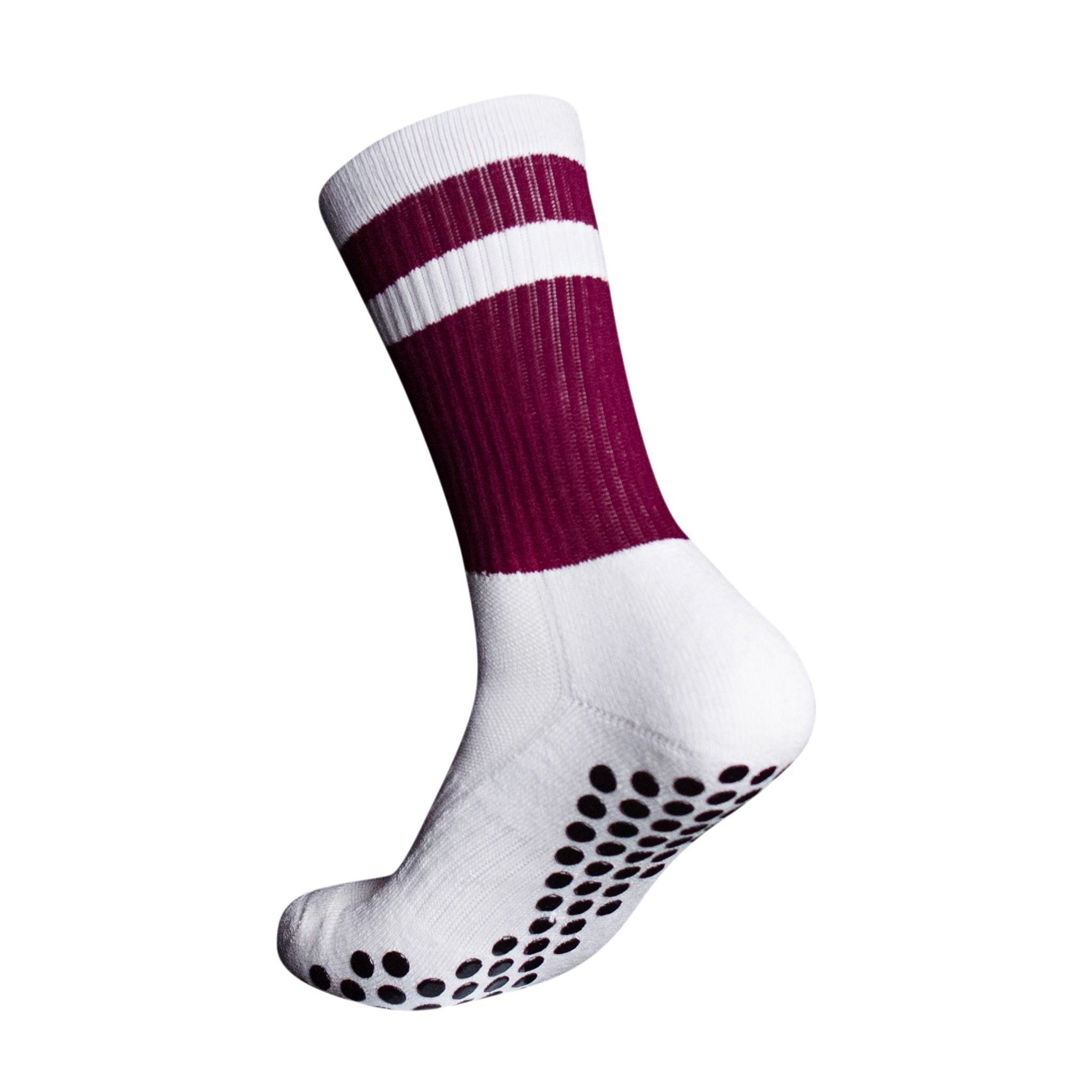 A side profile of an Eos Elite Ultrasoft grip sock in white and maroon with white stripe clearly shows the elasticated, breathable material and silicon grip pads on the base of the sock.