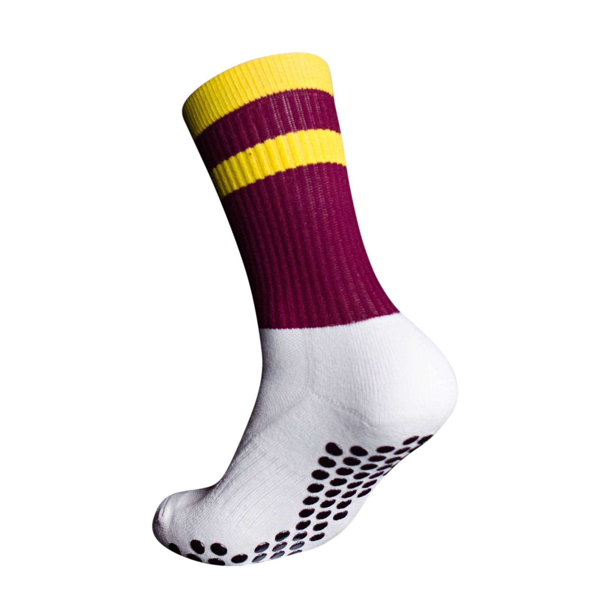 A side profile of an Eos Elite Ultrasoft grip sock in white and maroon with yellow stripe clearly shows the elasticated, breathable material and silicon grip pads on the base of the sock.