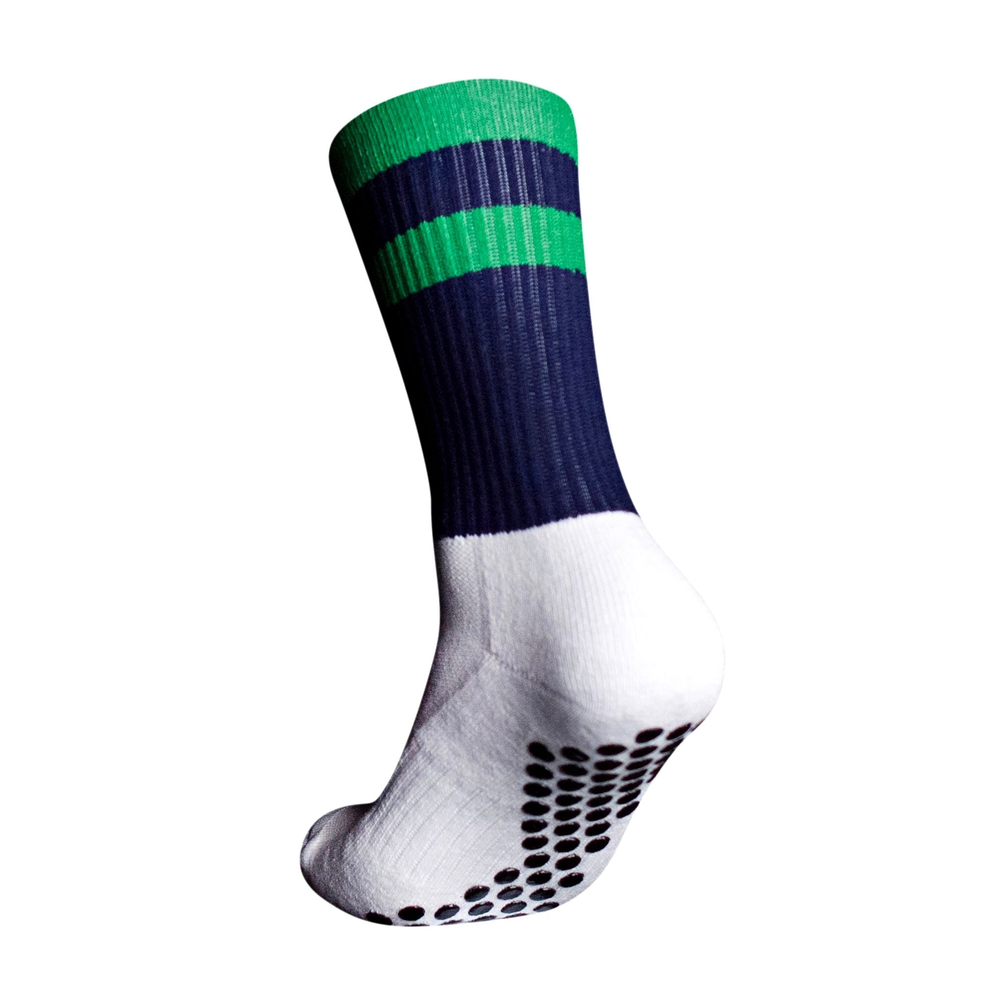 A side profile of an Eos Elite Ultrasoft grip sock in white and navy with green stripe clearly shows the elasticated, breathable material and silicon grip pads on the base of the sock.