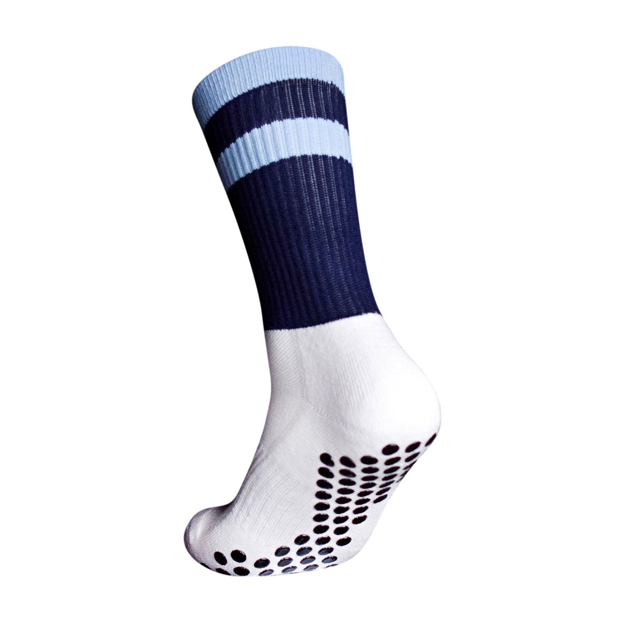 A side profile of an Eos Elite Ultrasoft grip sock in white and navy with sky blue stripe clearly shows the elasticated, breathable material and silicon grip pads on the base of the sock.
