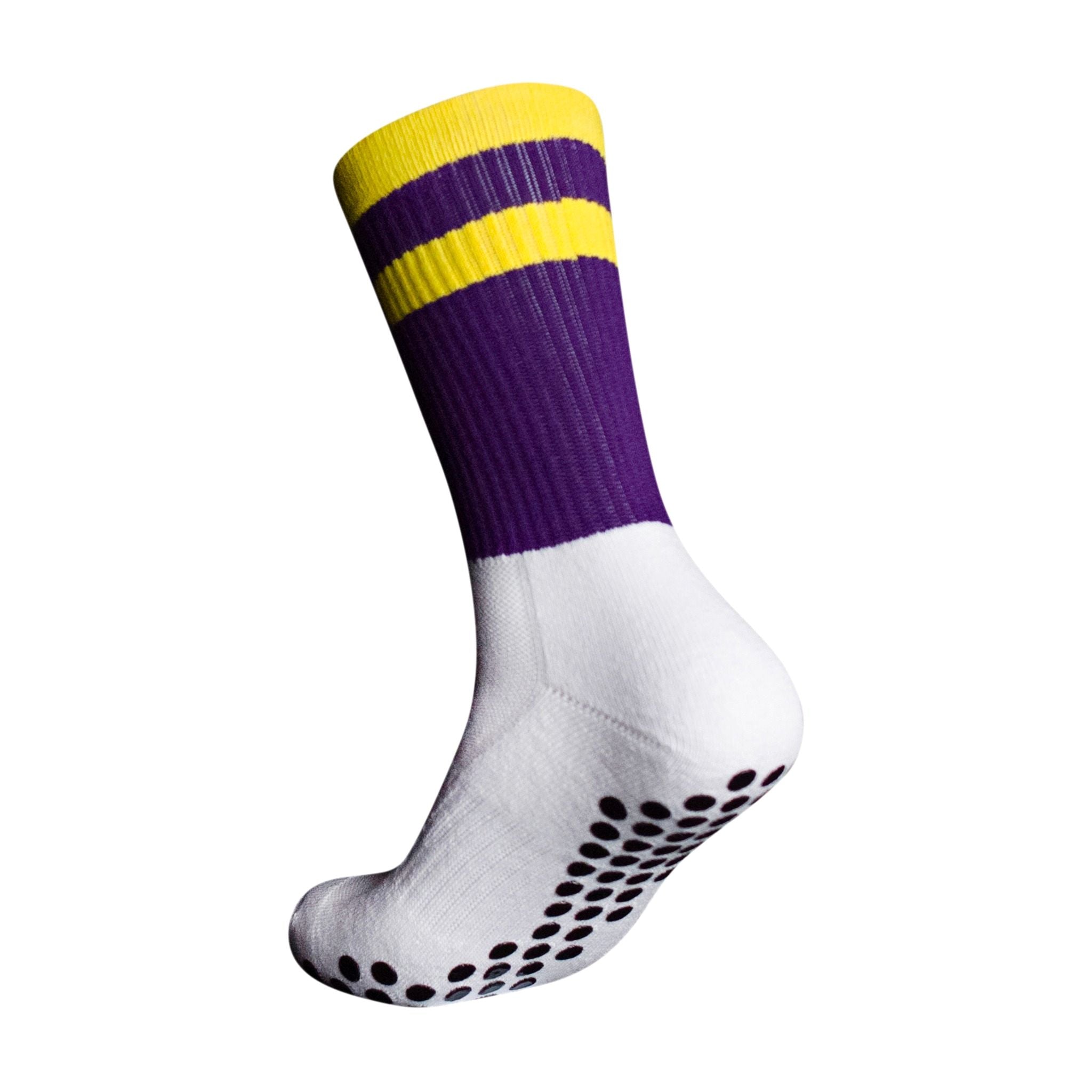 A side profile of an Eos Elite Ultrasoft grip sock in white and purple with yellow stripe clearly shows the elasticated, breathable material and silicon grip pads on the base of the sock.