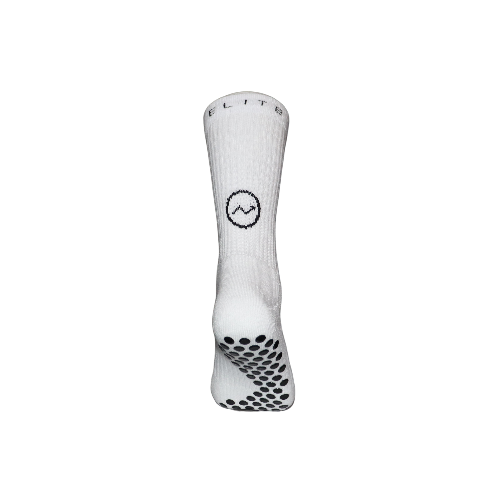 A back profile of the white Eos 1 Ultrasoft grip sock from Eos Elite that shows the silicon grips that secure fit and stops blisters and breathable material.