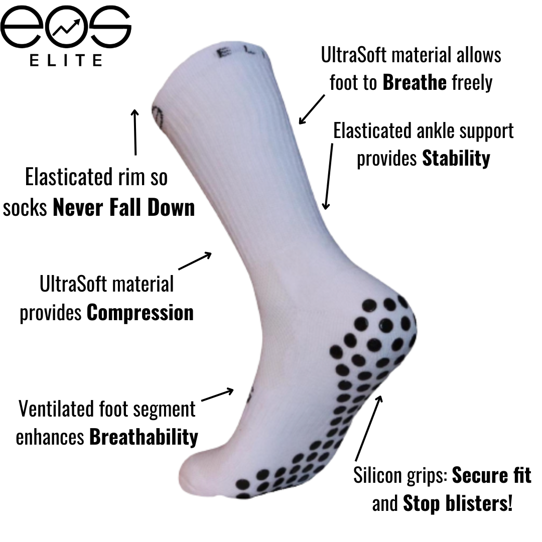 A side profile of the white Eos 1 Ultrasoft grip sock from Eos Elite that shows the silicon grips that secure fit and stops blisters and breathable material. Text on the image highlights the ultrasoft material, secure fit, compression and breathability. 