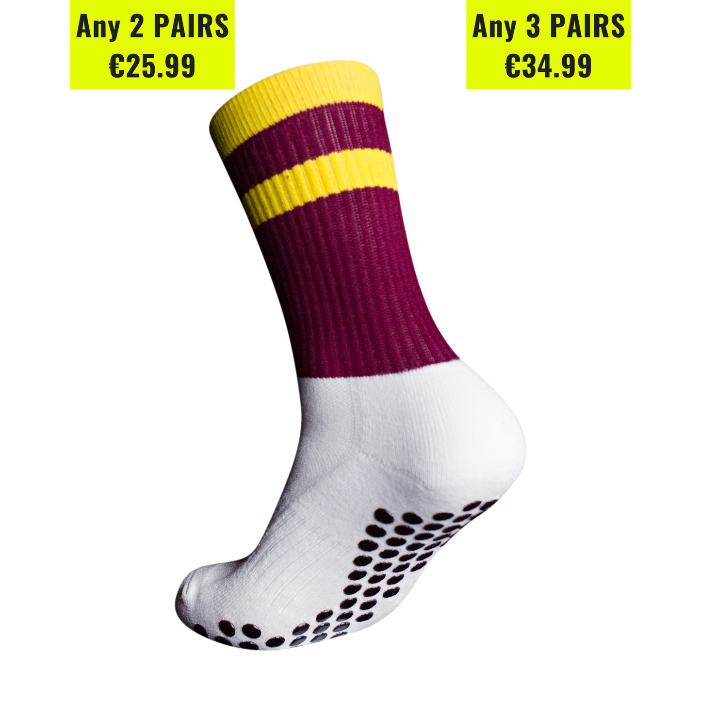 Eos Elite Grip socks maroon and yellow