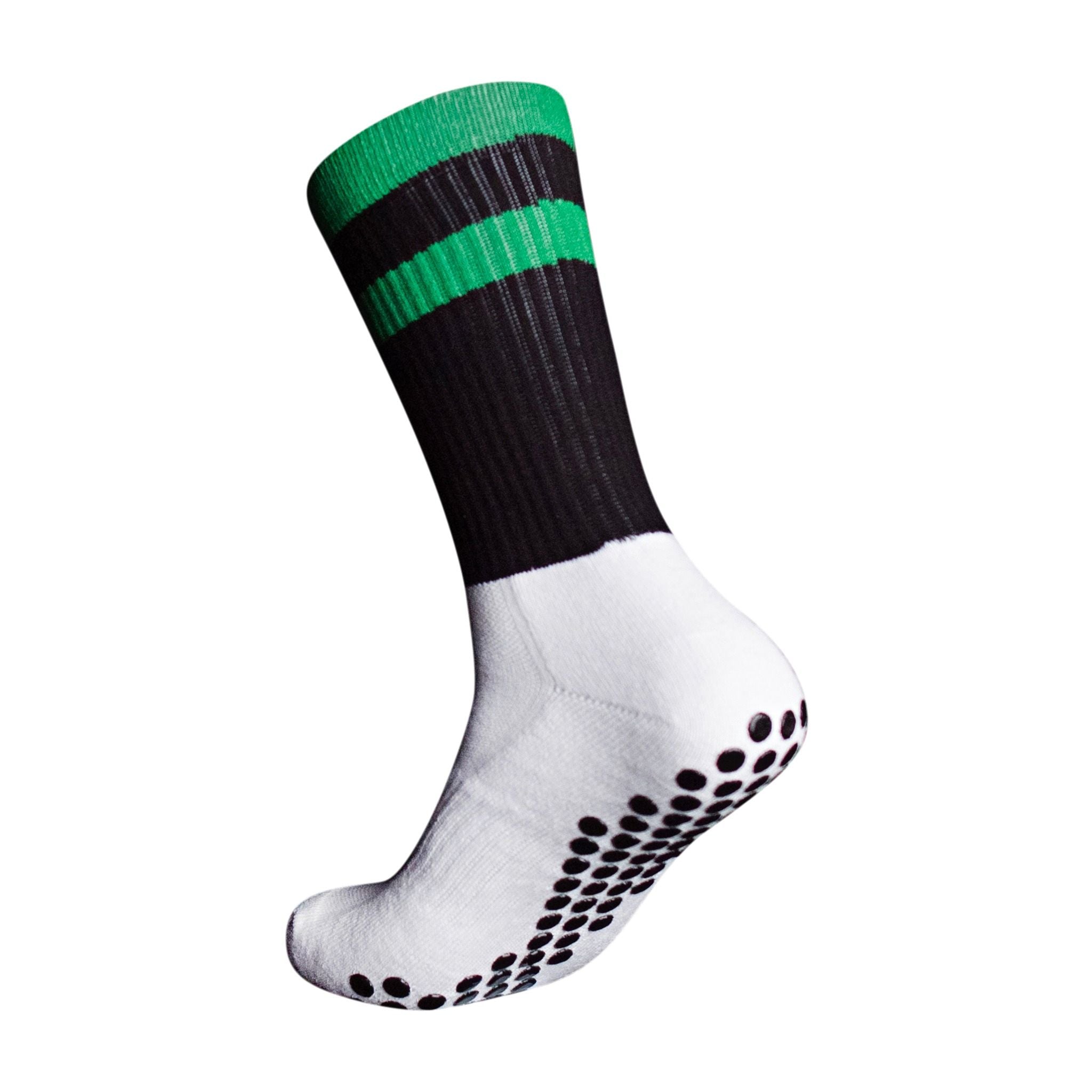 A side profile of an Eos Elite Ultrasoft grip sock in white and black with green stripe clearly shows the elasticated, breathable material and silicon grip pads on the base of the sock.