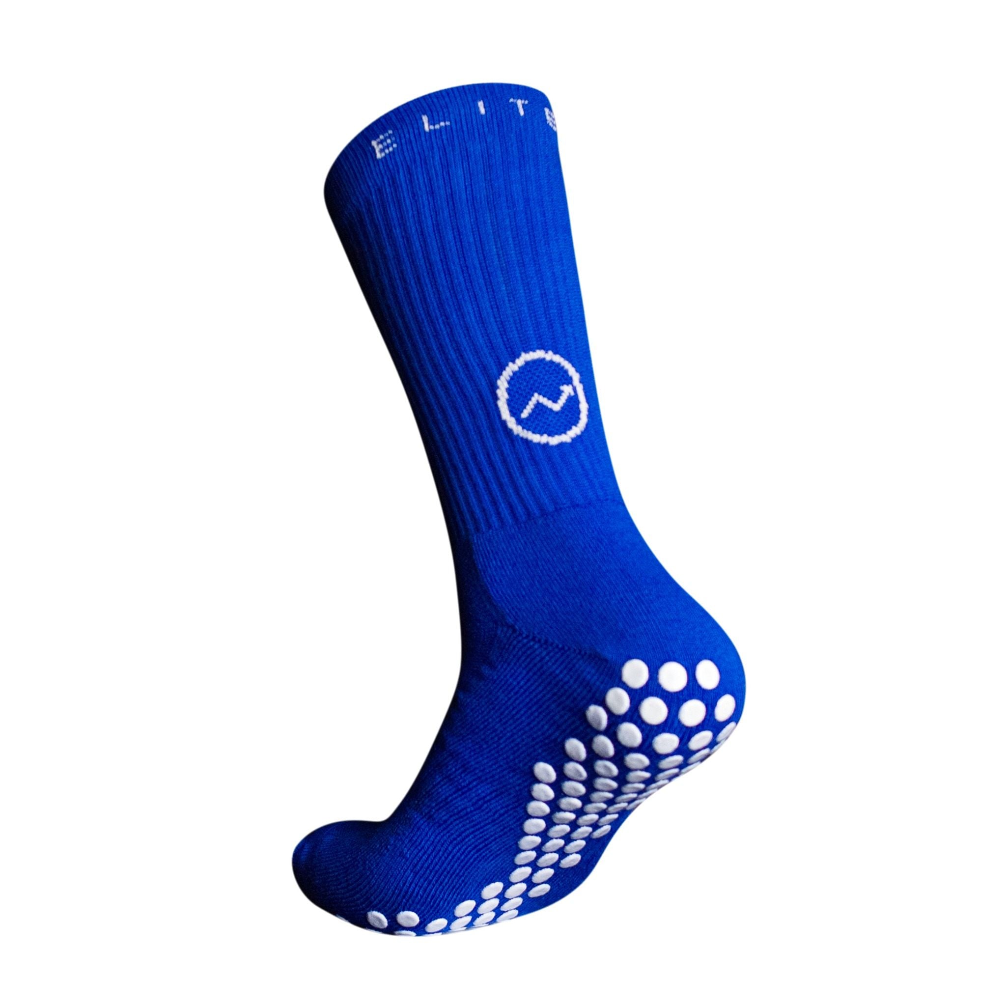 A side profile of an Eos Elite Ultrasoft grip sock in blue clearly shows the elasticated, breathable material and silicon grip pads on the base of the sock.