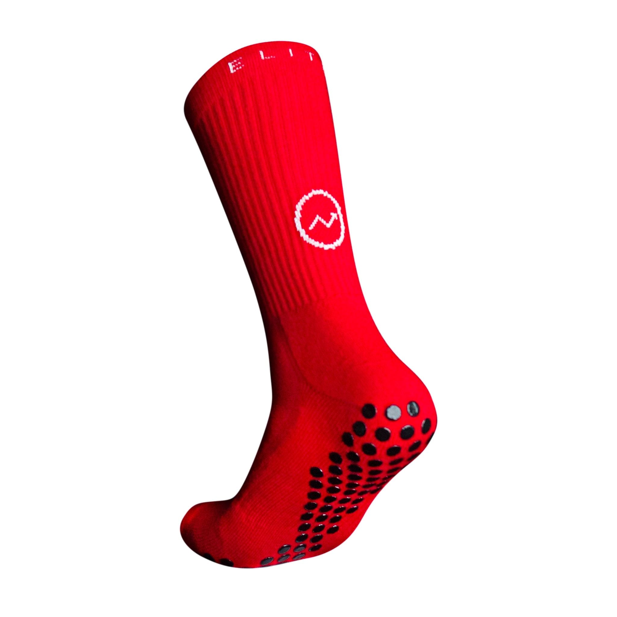 A side profile of an Eos Elite  Eos 1Ultrasoft grip sock in red clearly shows the elasticated, breathable material and silicon grip pads on the base of the sock.