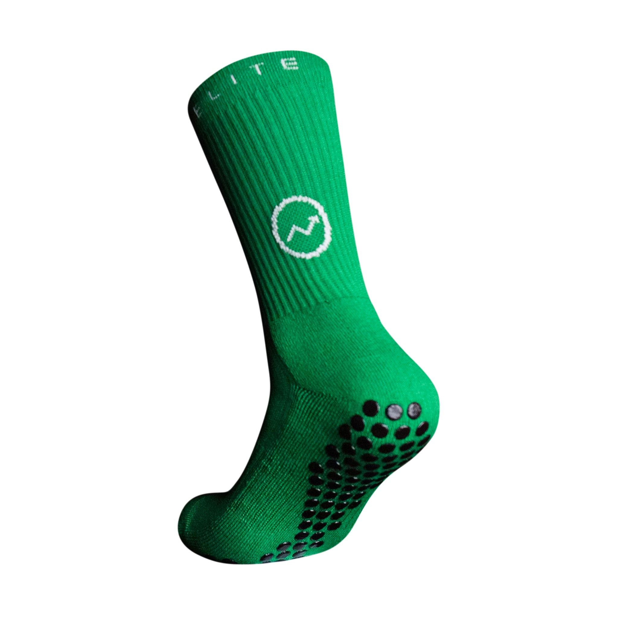 A side profile of an Eos Elite Eos 1 Ultrasoft grip sock in green clearly shows the elasticated, breathable material and silicon grip pads on the base of the sock.